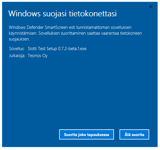 Kuva Windows Defender -dialogista, jossa vaihtoehtoina 'Suorita joka tapauksessa' tai 'Älä suorita'