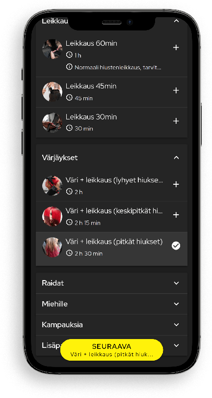 Palvelun valinta Slotin varaussivulla esiteltynä älypuhelimen ruudulla