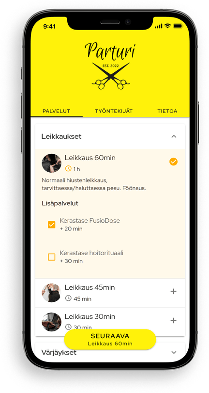 Palvelun valinta Slotin varaussivulla esiteltynä älypuhelimen ruudulla
