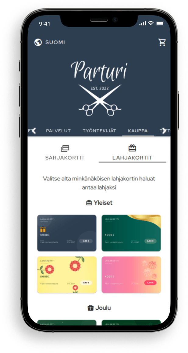 Lahjakortit -näkymä Slotin varaussivulla, esiteltynä älypuhelimen ruudulla