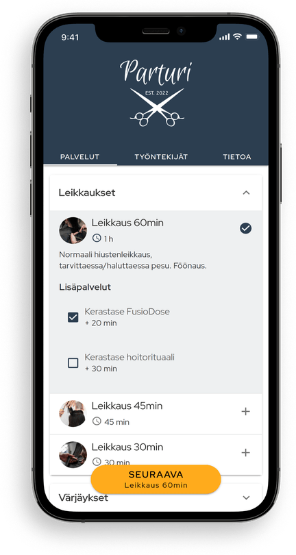 Palvelun valinta Slotin varaussivulla esiteltynä älypuhelimen ruudulla
