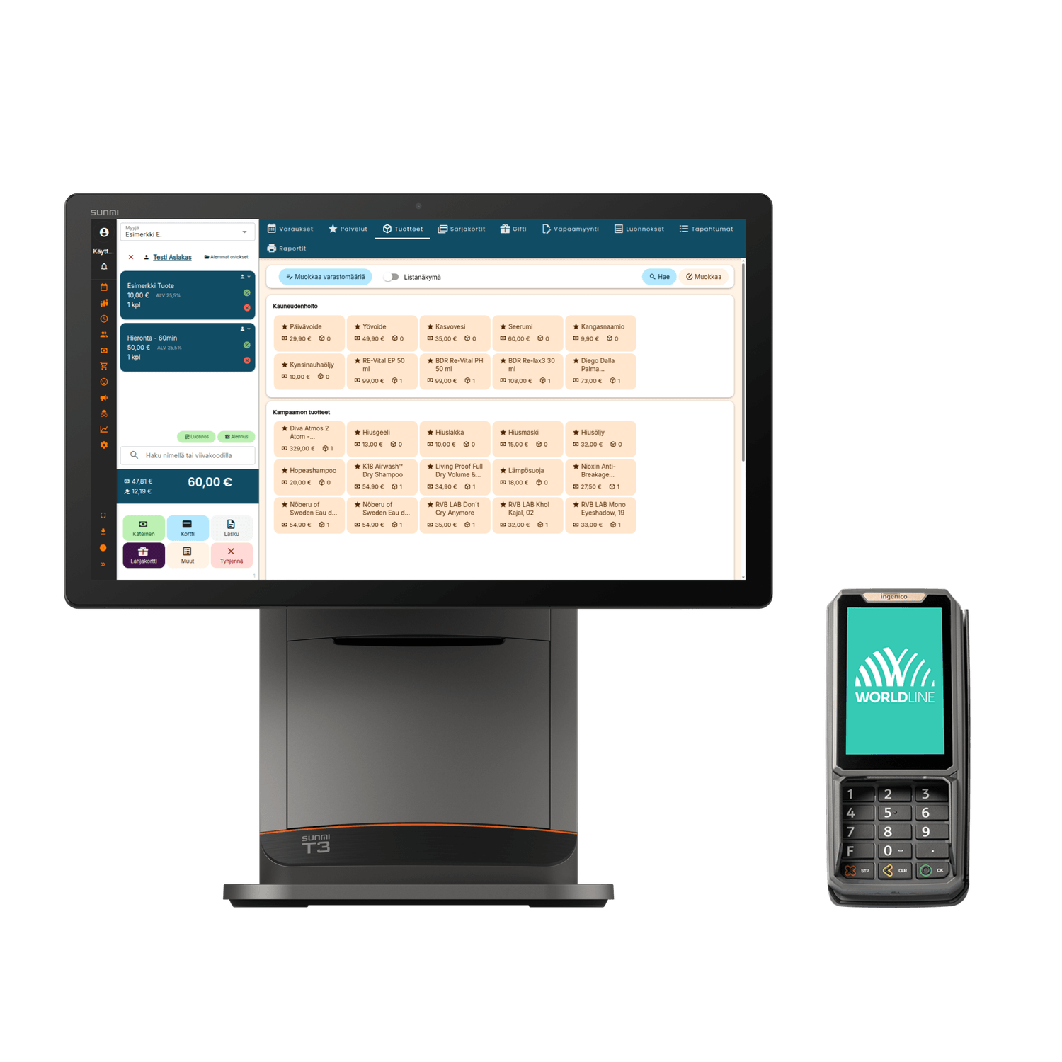 Worldline RX5000 maksupääte ja Slotti esiteltynä Sunmi T3 kassapäätteen ruudulla.